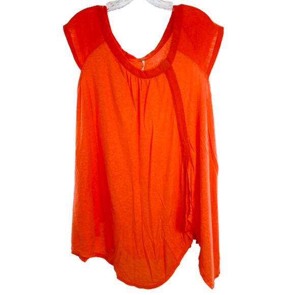 FREE PEOPLE Orange Faux Wrap Linen Scallop Hem Short Sleeve Scoop Neck Top XS - Picture 1 of 11
